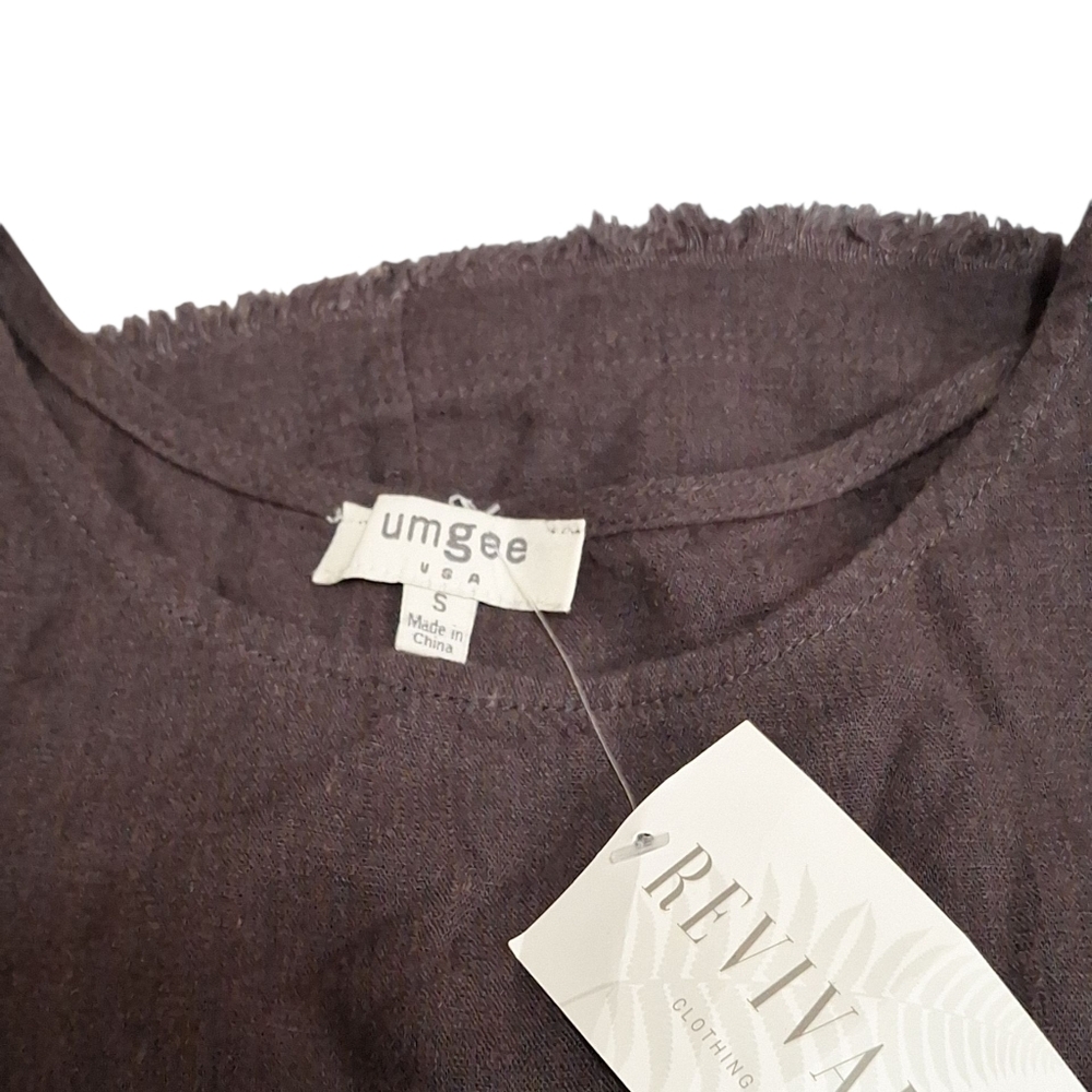 Umgee Brown Linen Blend Womens Cuffed Short Sleeve Top Sz Sm Raw Hem Pocket NEW - Picture 9 of 9